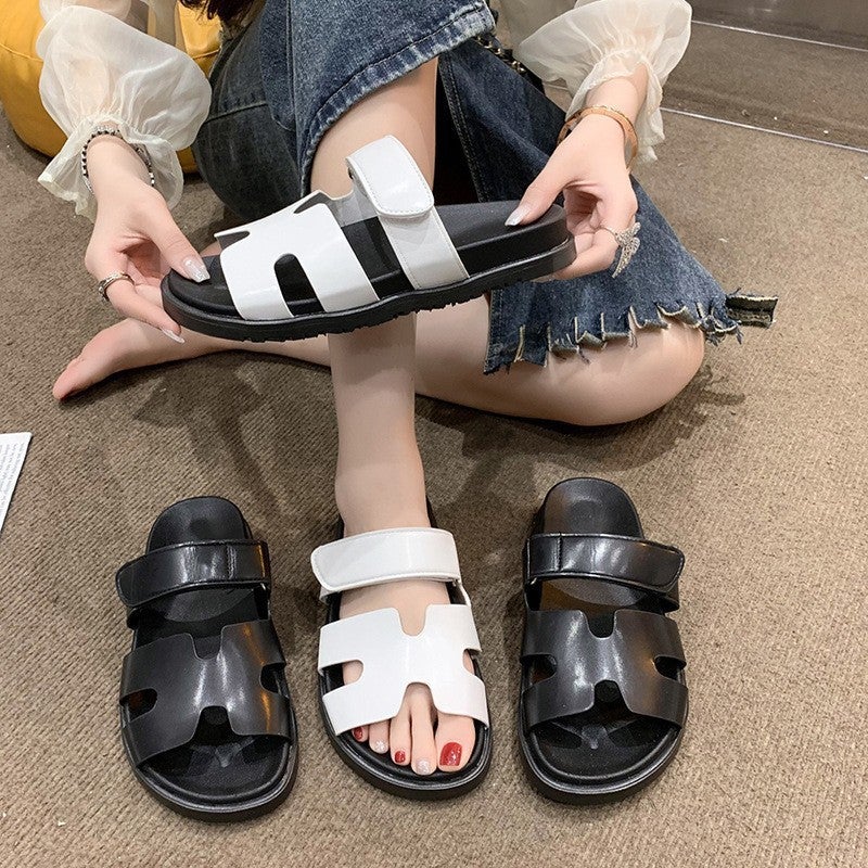 Plus Size 24 Thick Slippers Women'S One Word Velcro Casual Color-Matching Outer Wear Sandals Women - Image 3